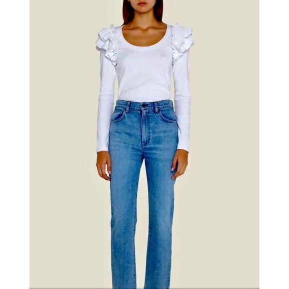 Veronica Beard Avedon Top White Ruffle Long Sleeve Ribbed top XS NWT 228 IRRG - Picture 5 of 15